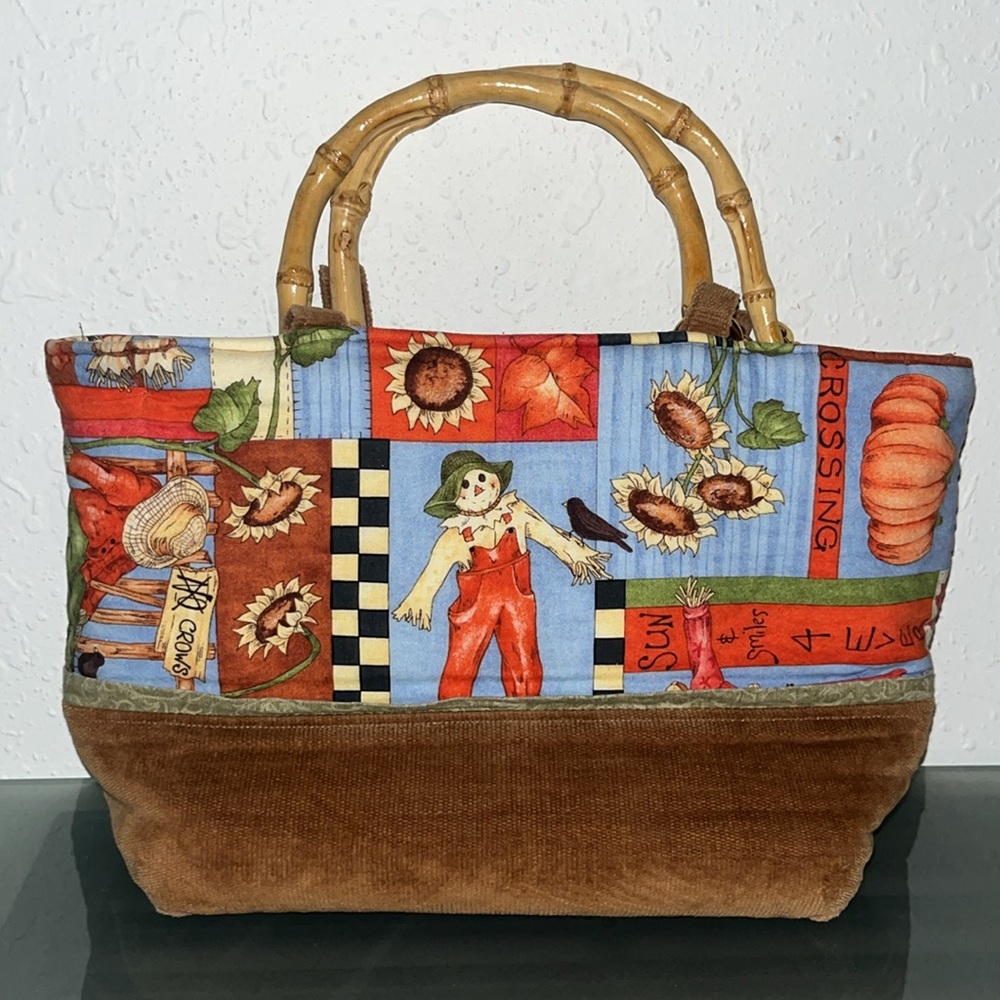 Handmade Fall Harvest corduroy bottom handbag pumpkins scarecrow garden girl